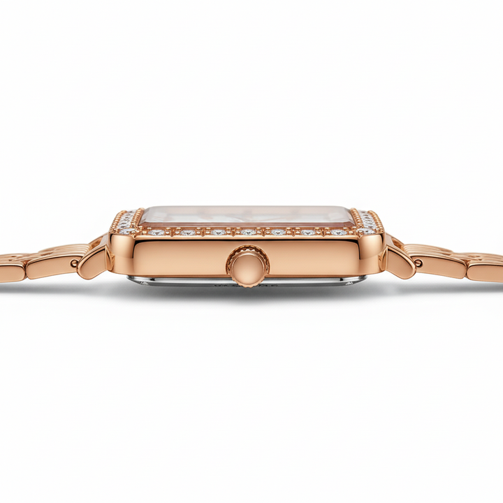 Rose gold watch with diamond accents on a white background