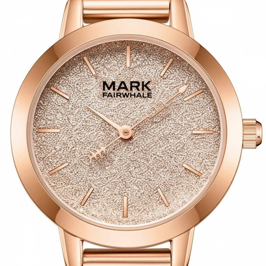 Rose gold watch with 'Mark Fairwhale' branding on a white background