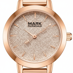 Rose gold watch with 'Mark Fairwhale' branding on a white background