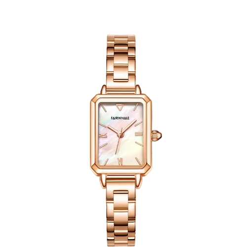 Rose gold watch with a white face on a white background