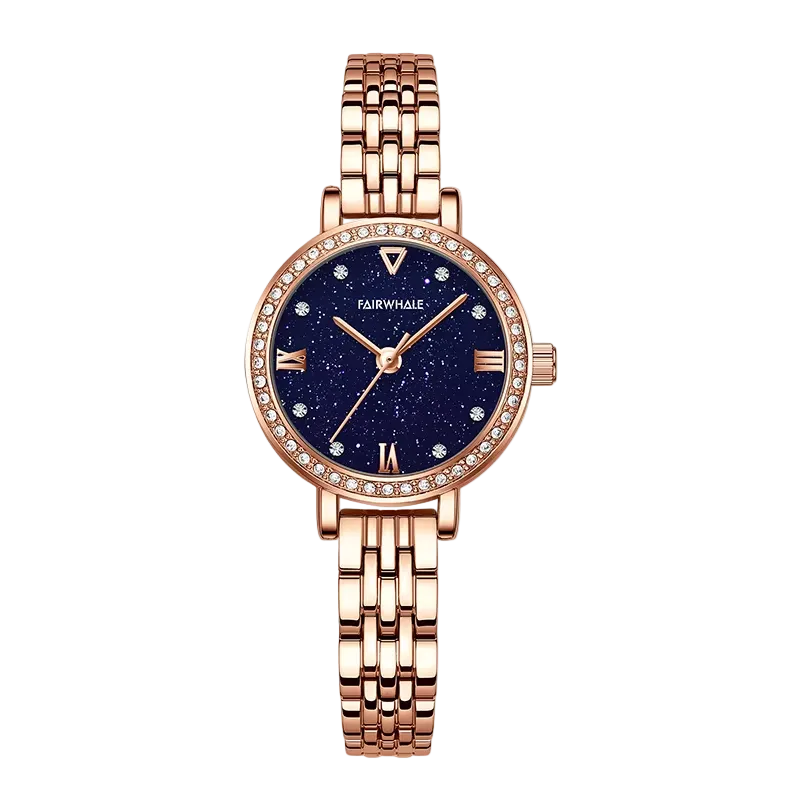 Rose gold watch with a blue face on a white background