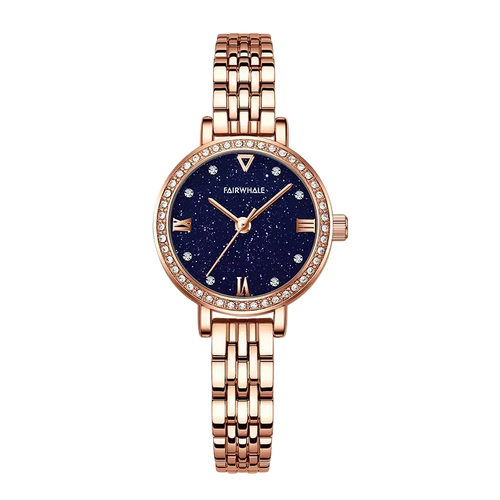 Rose gold watch with a blue face on a white background