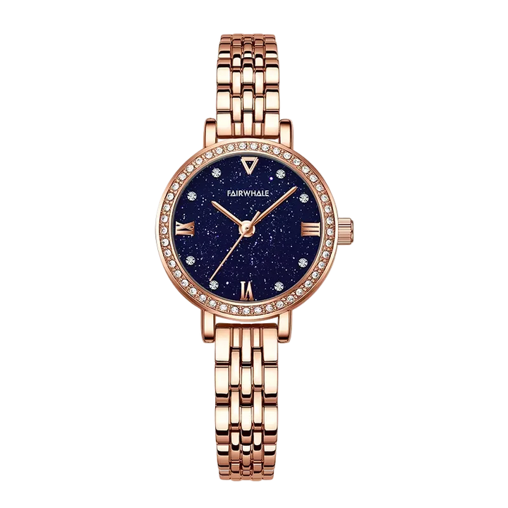 Rose gold watch with a blue face on a white background