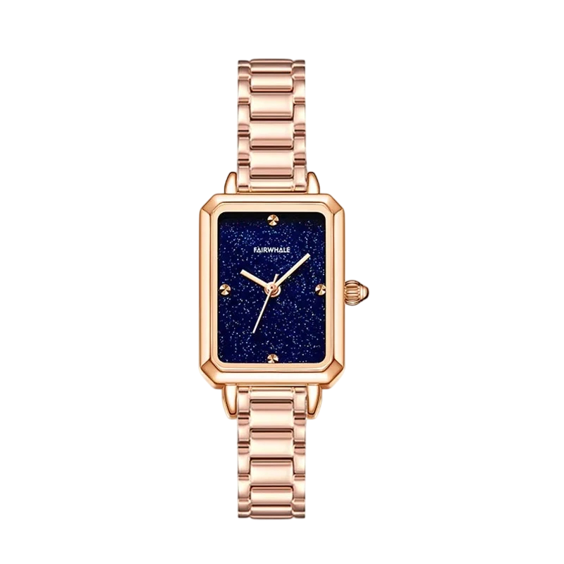 Rose gold watch with a blue face on a white background