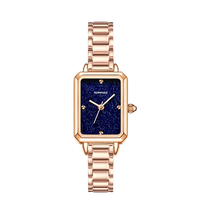 Rose gold watch with a blue face on a white background