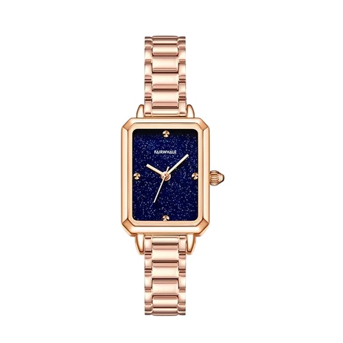 Rose gold watch with a blue face on a white background