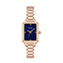 Rose gold watch with a blue face on a white background