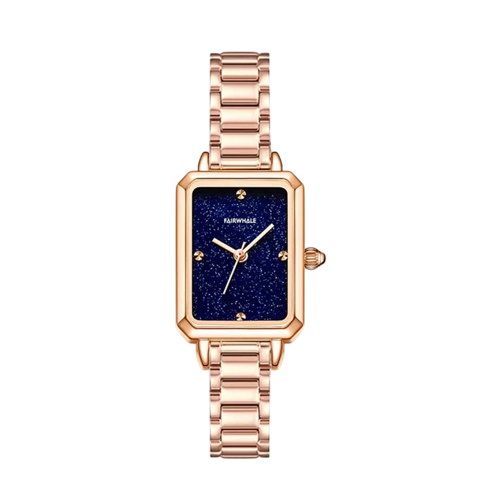 Rose gold watch with a blue face on a white background