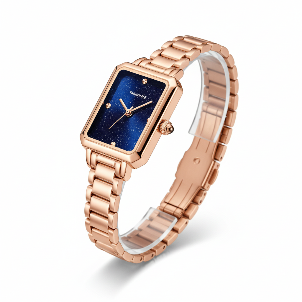 Rose gold watch with a blue face on a white background
