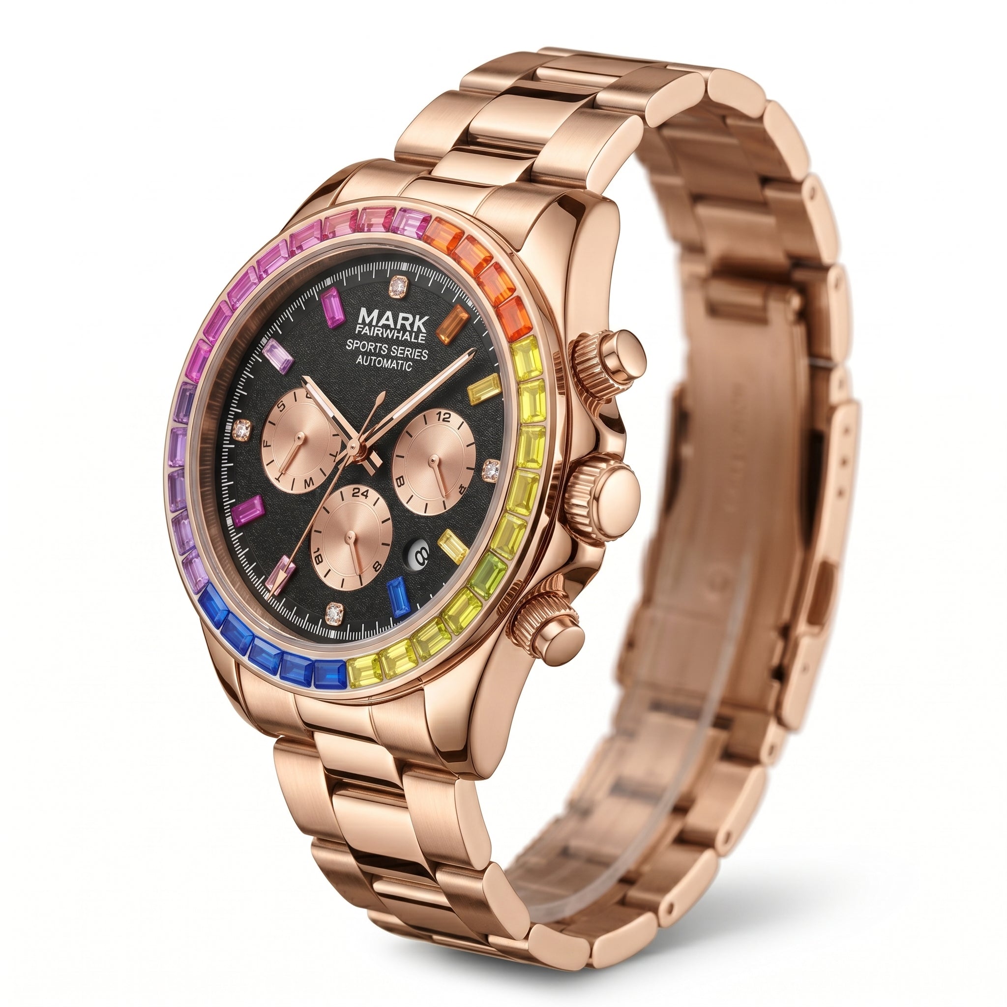 Rose gold watch with a colorful bezel on a white background