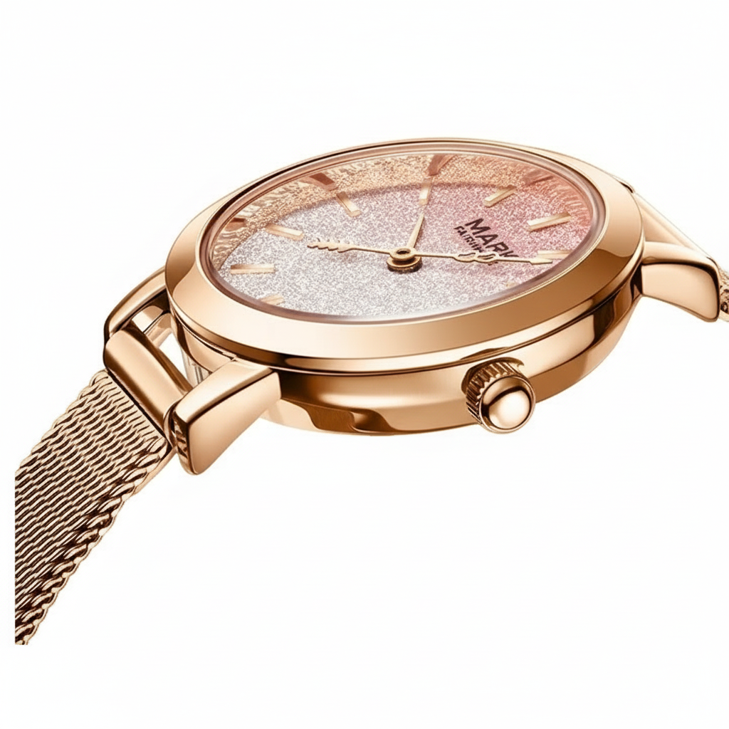 Rose gold watch with a detailed face on a white background