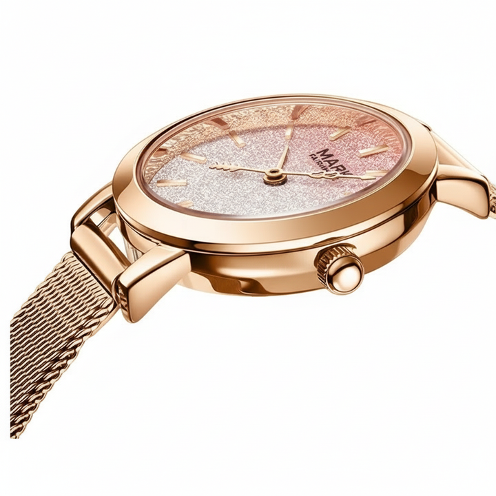 Rose gold watch with a detailed face on a white background