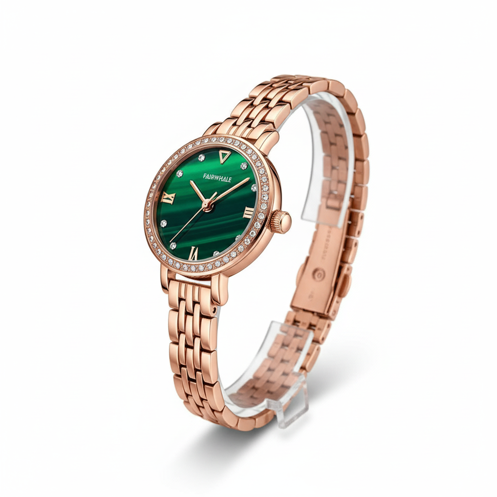Rose gold watch with a green face on a white background