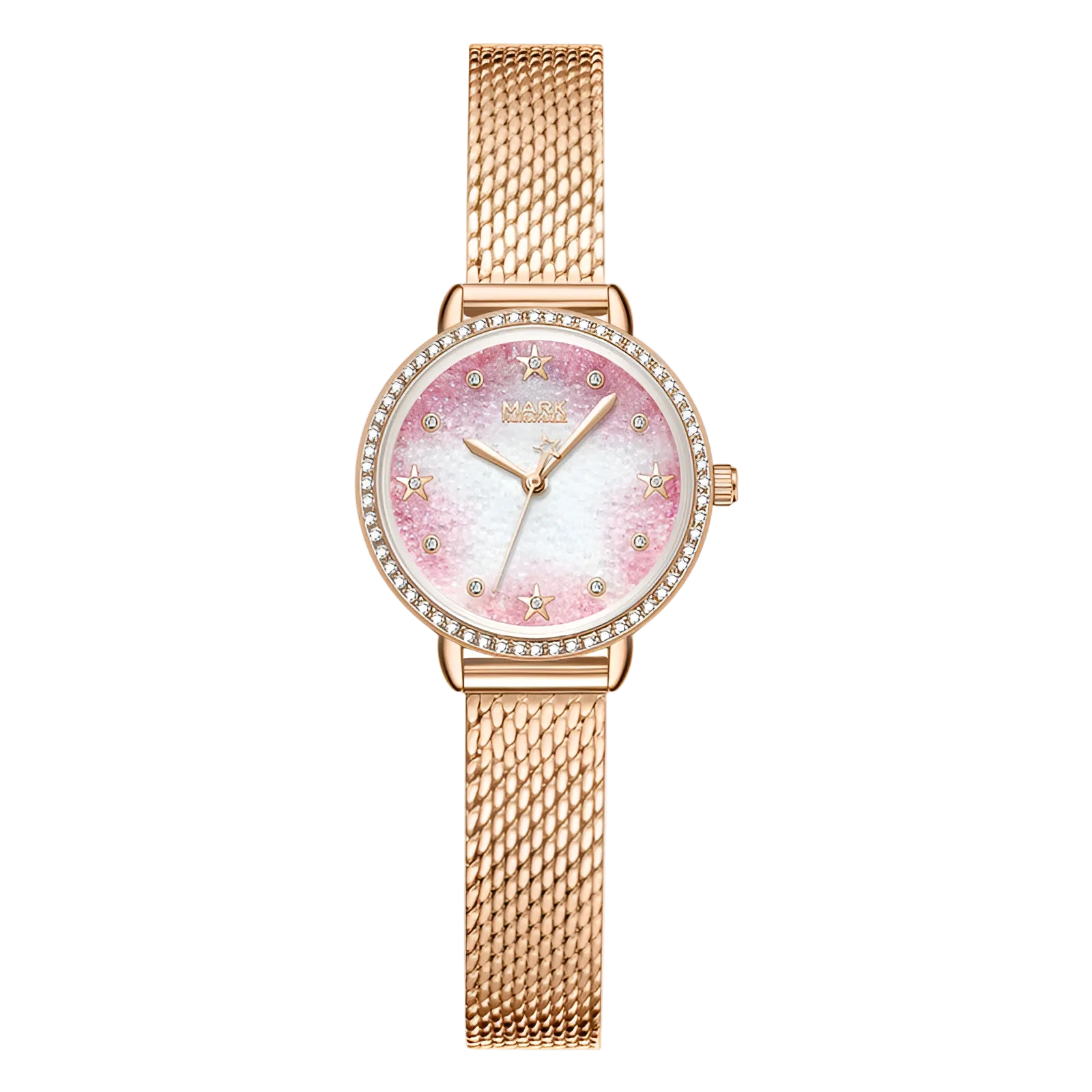 Rose gold watch with a pink face on a white background