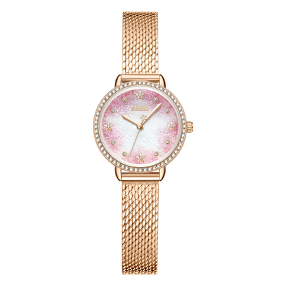 Rose gold watch with a pink face on a white background