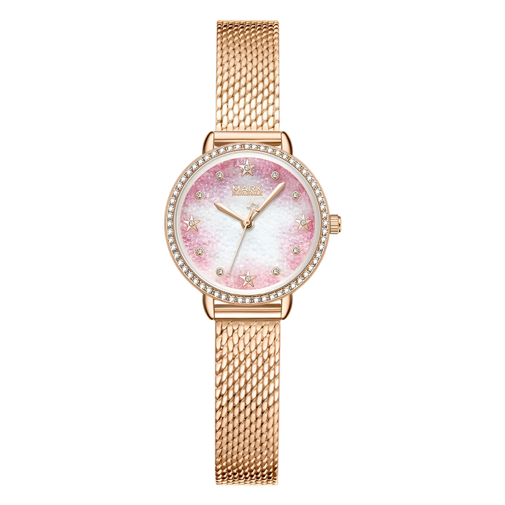 Rose gold watch with a pink face on a white background