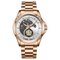 Rose gold watch with a transparent face on a white background