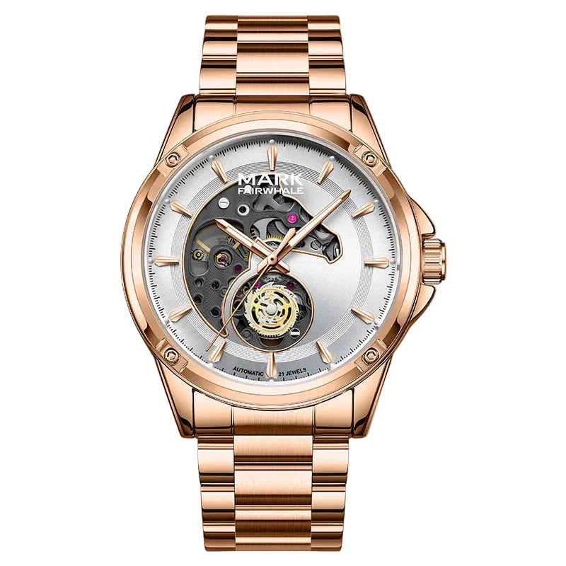 Rose gold watch with a transparent face on a white background
