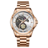 Rose gold watch with a transparent face on a white background