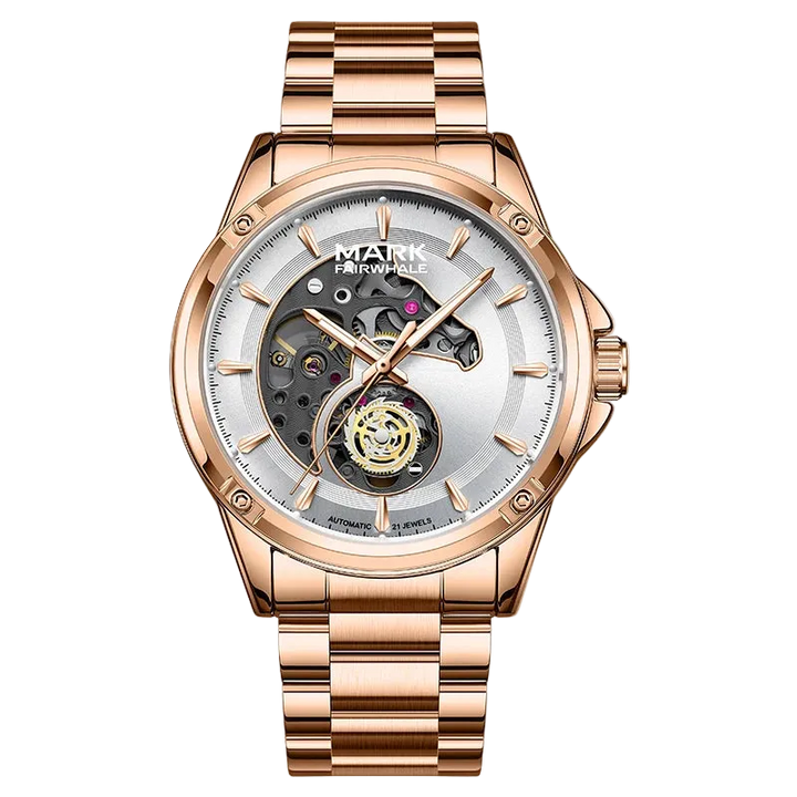 Rose gold watch with a transparent face on a white background