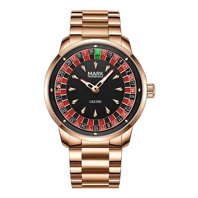 Rose gold watch with a unique face design on a white background