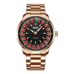 Rose gold watch with a unique face design on a white background