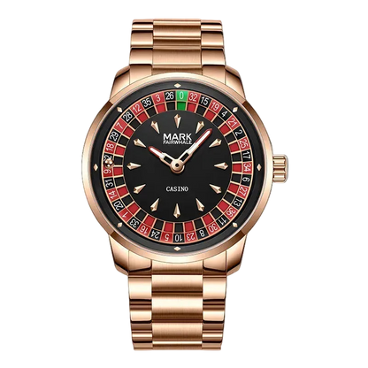 Rose gold watch with a unique face design on a white background