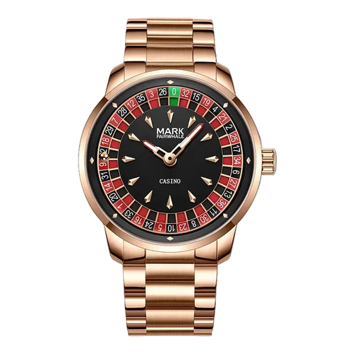 Rose gold watch with a unique face design on a white background