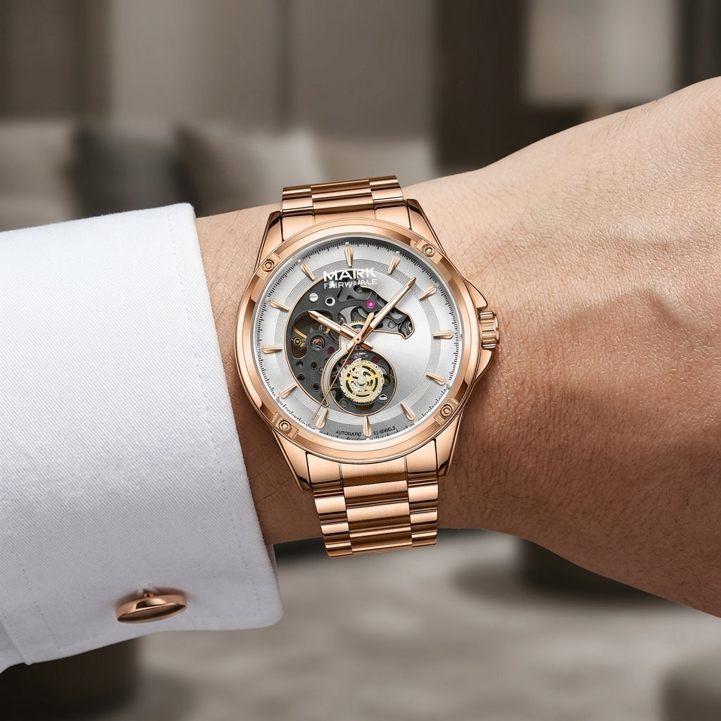 Rose gold watch with a visible brand name on a wrist against a blurred background