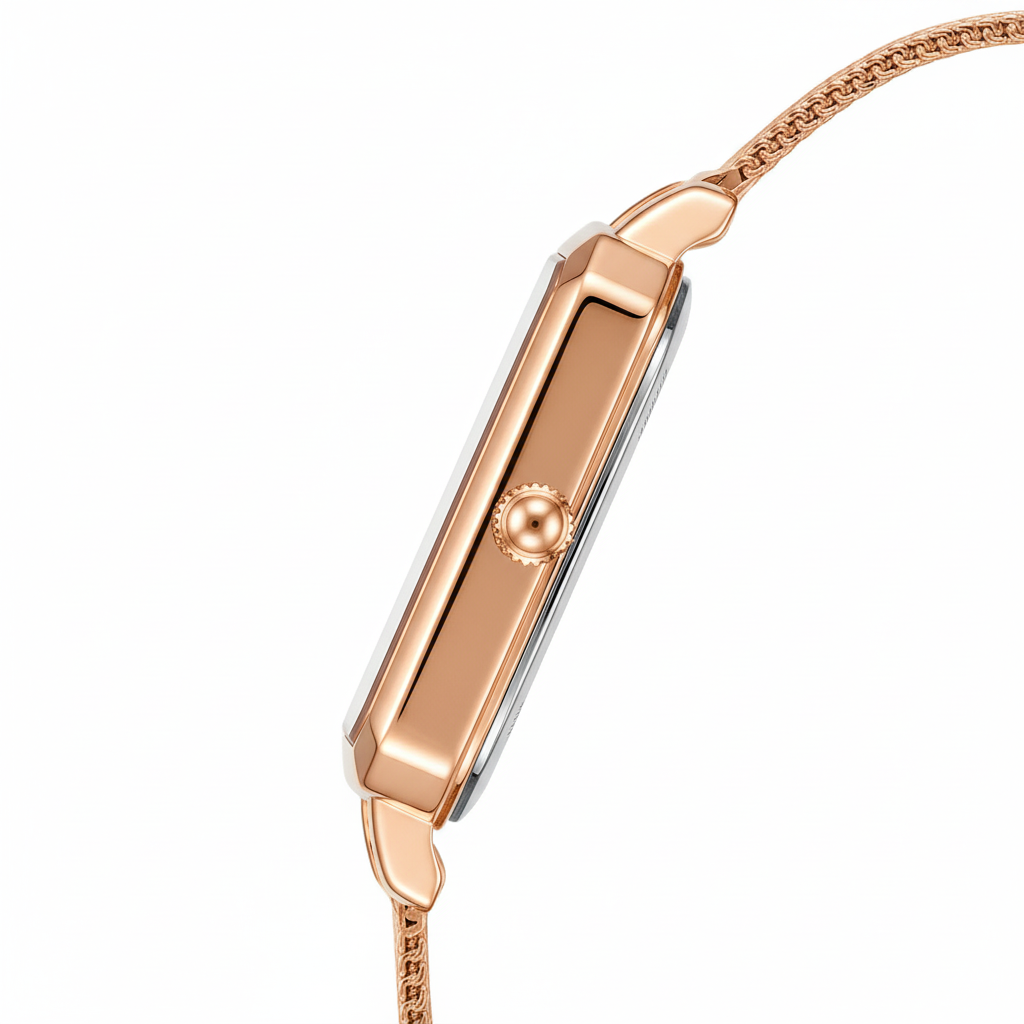 Rose gold watch with a white background
