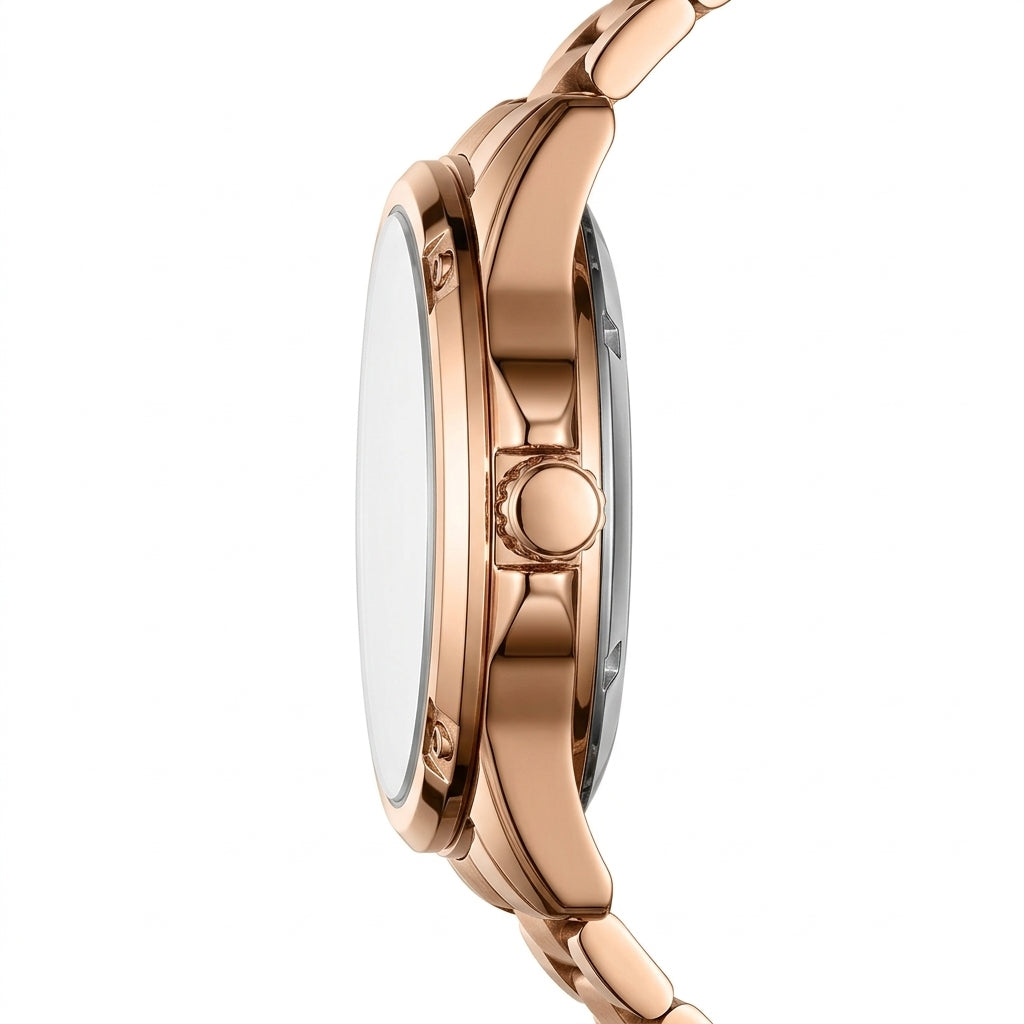 Rose gold watch with a white face on a white background