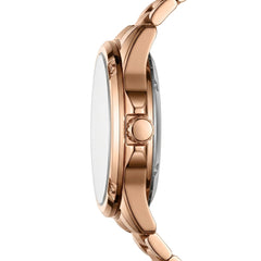 Rose gold watch with a white face on a white background