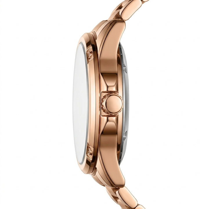 Rose gold watch with a white face on a white background