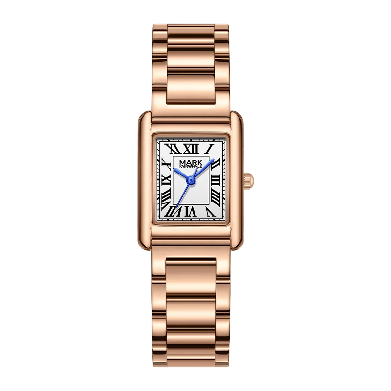 Rose gold watch with a white face on a white background