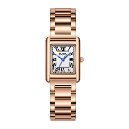 Rose gold watch with a white face on a white background