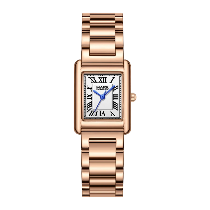 Rose gold watch with a white face on a white background