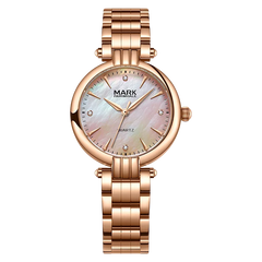 Rose gold watch with a white face on a white background