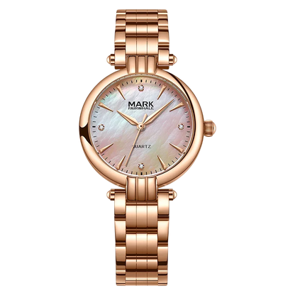 Rose gold watch with a white face on a white background