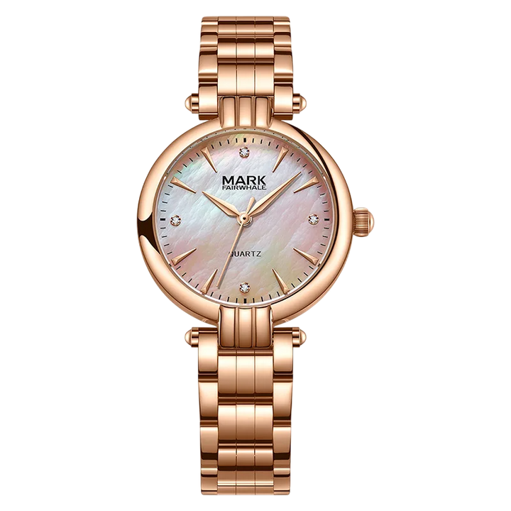 Rose gold watch with a white face on a white background