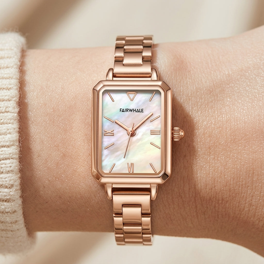 Rose gold watch with a white face on a wrist, brand 'FAIRWHALE' visible