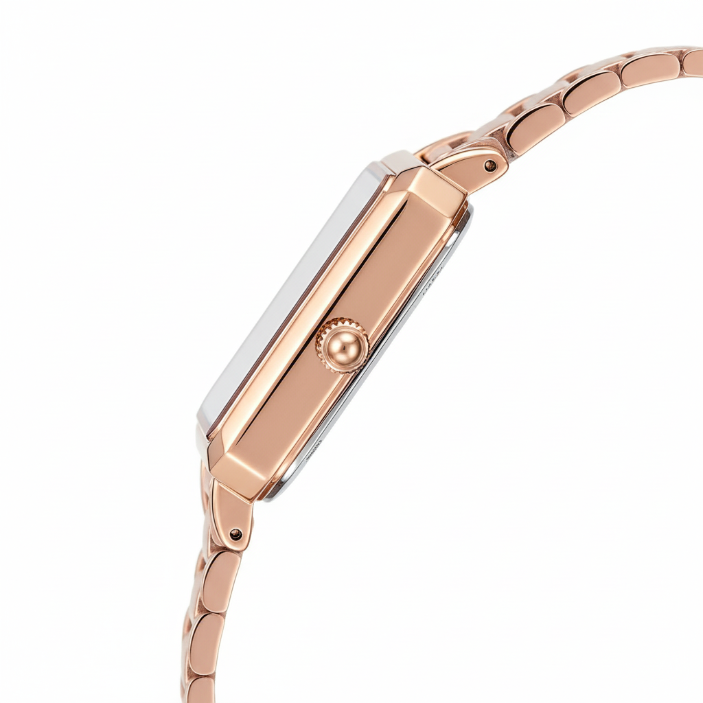 Rose gold watch with a white face on a white background