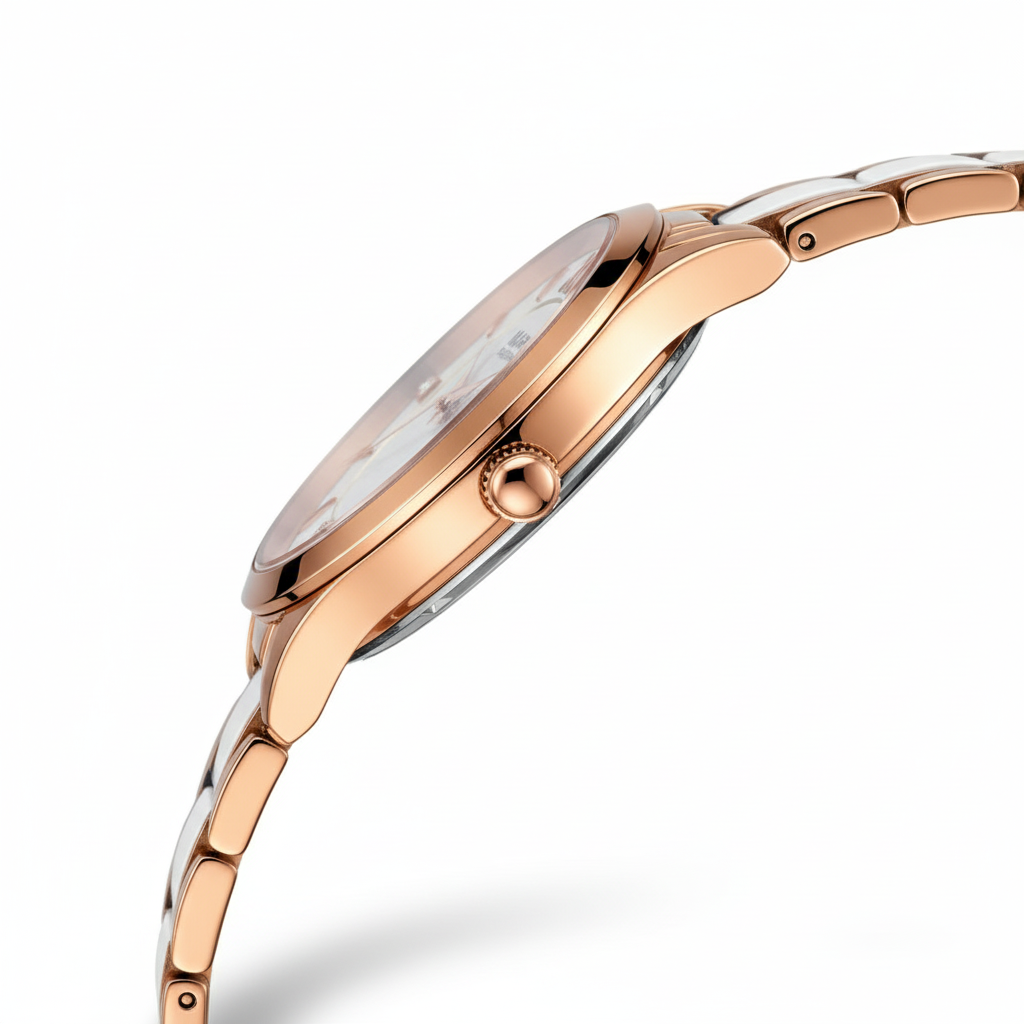 Rose gold watch with a white face on a white background