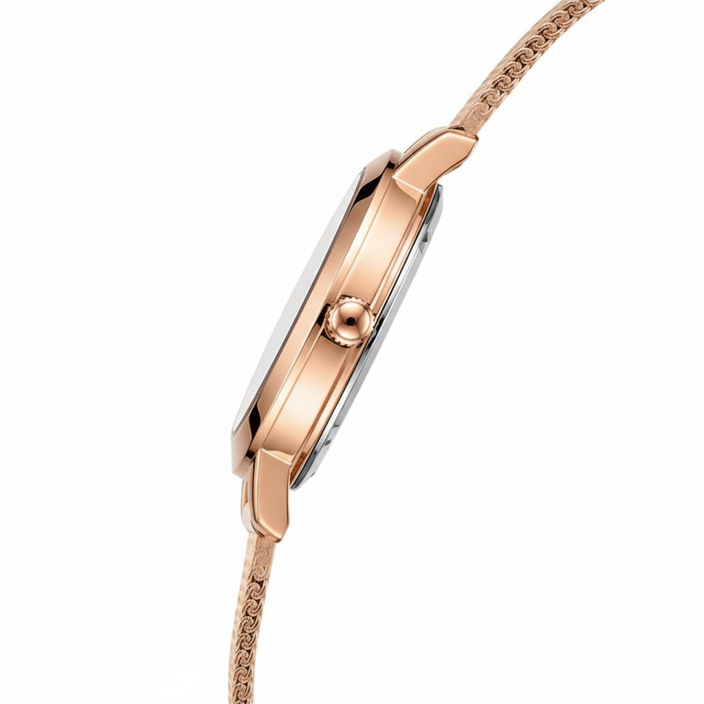 Rose gold watch with a white background