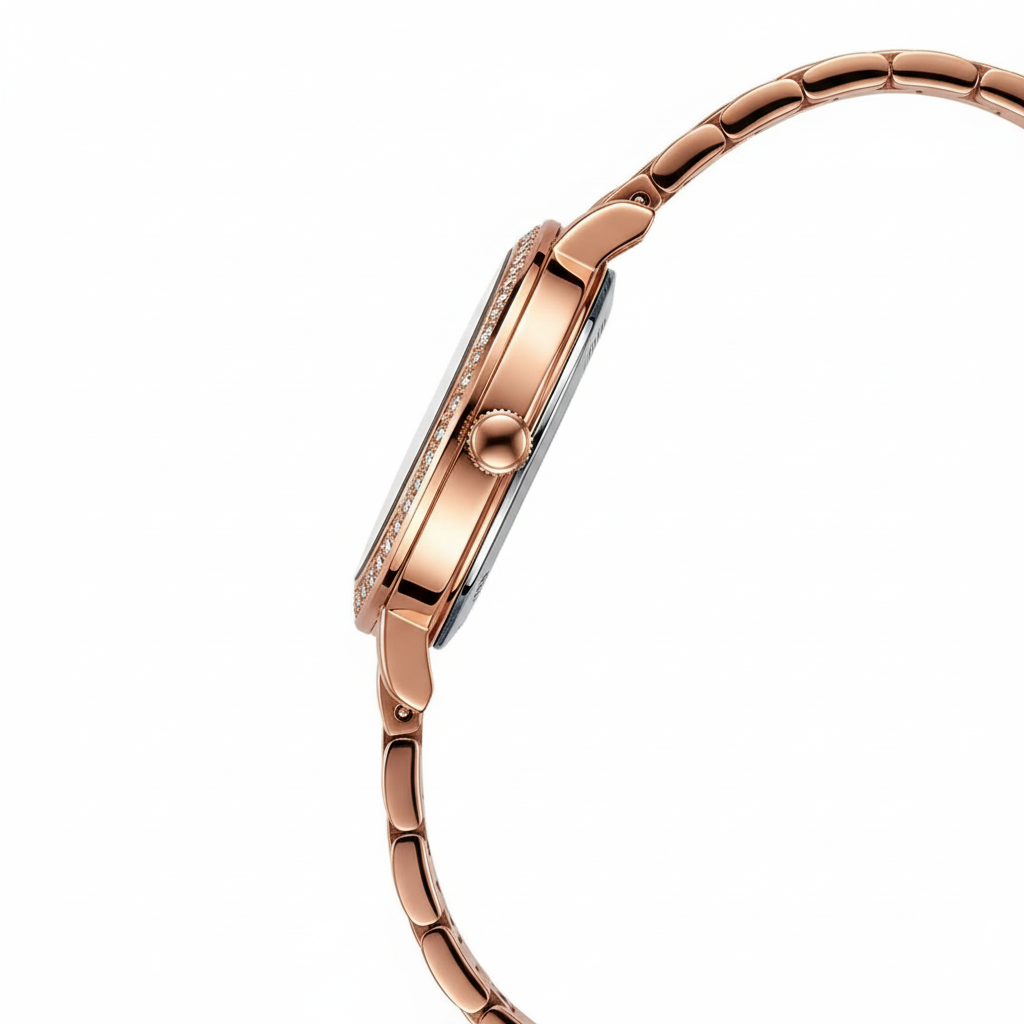 Rose gold watch with a white background