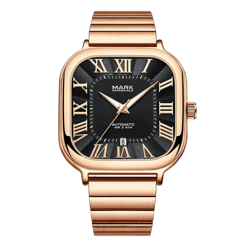 Rose gold watch with black dial and Roman numerals on a white background