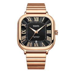 Rose gold watch with black dial and Roman numerals on a white background