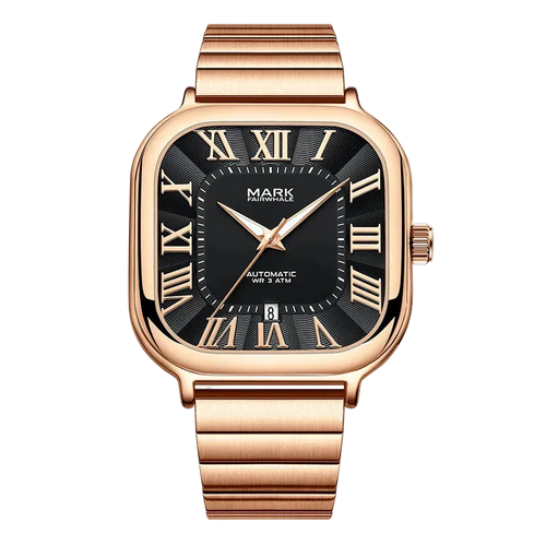 Rose gold watch with black dial and Roman numerals on a white background