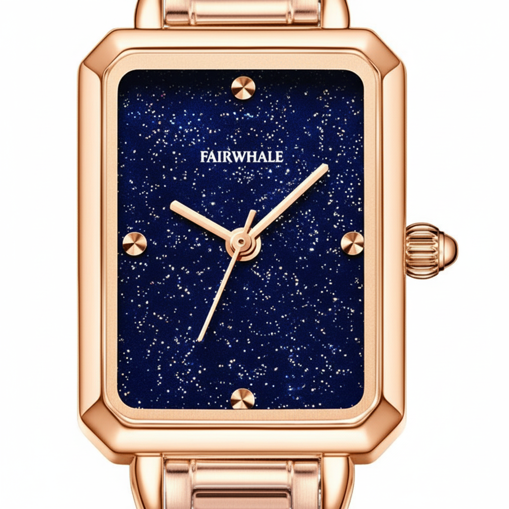 Rose gold watch with blue starry face and 'FAIRWHALE' brand on a white background