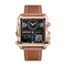 Rose gold watch with brown leather strap on a white background
