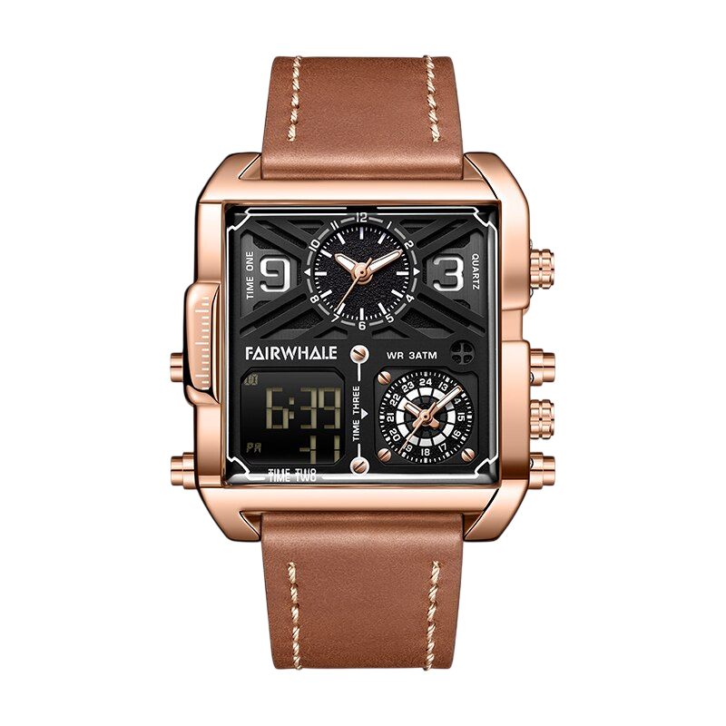 Rose gold watch with brown leather strap on a white background